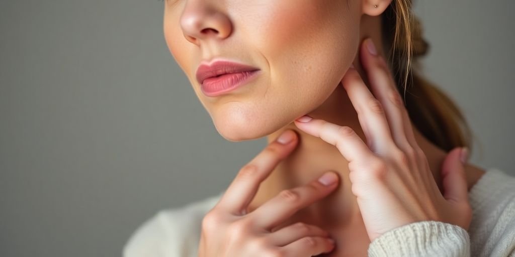 Woman touching neck, thoughtful expression.