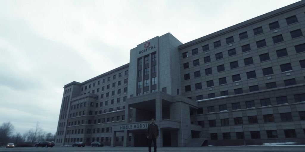 A lone figure stands before a towering hospital.