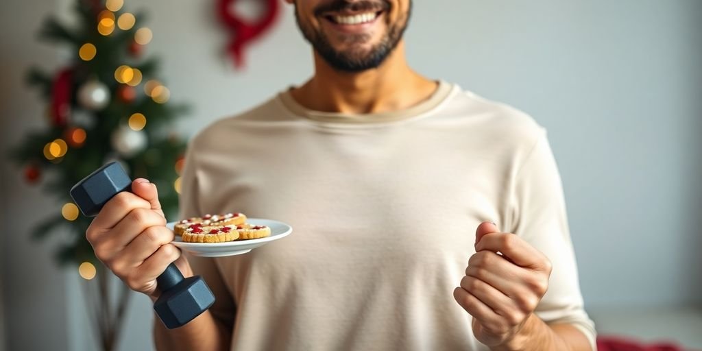 Person balancing holiday treats with exercise.