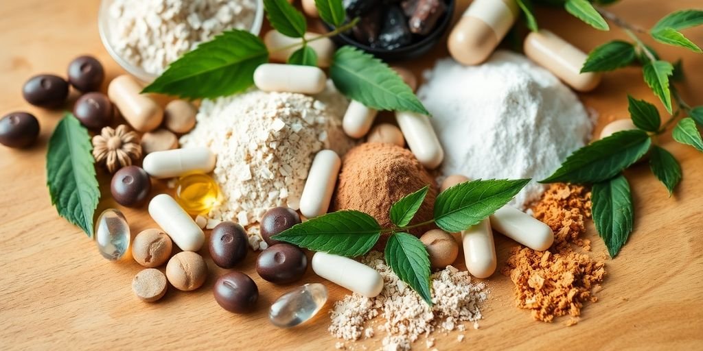 Assorted natural supplements, green leaves, balanced on hands.