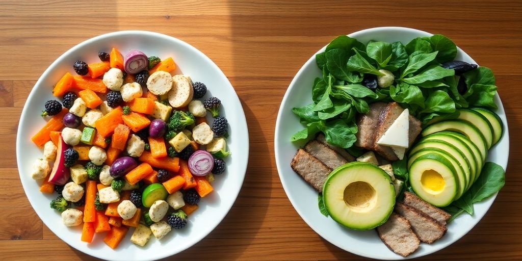 Two distinct food plates, colorful, healthy options.