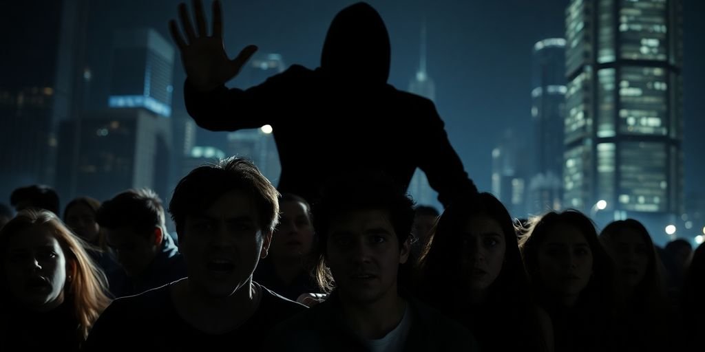 Distorted faces reacting to a large, shadowy figure.